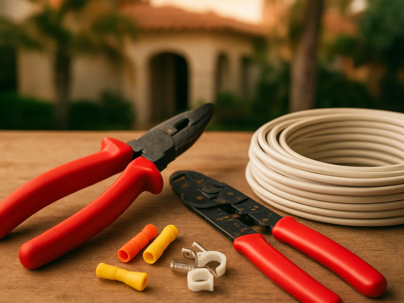 Red-handled pliers, wire strippers, cable connectors, and a coiled white cable sit on a wooden surface outdoors