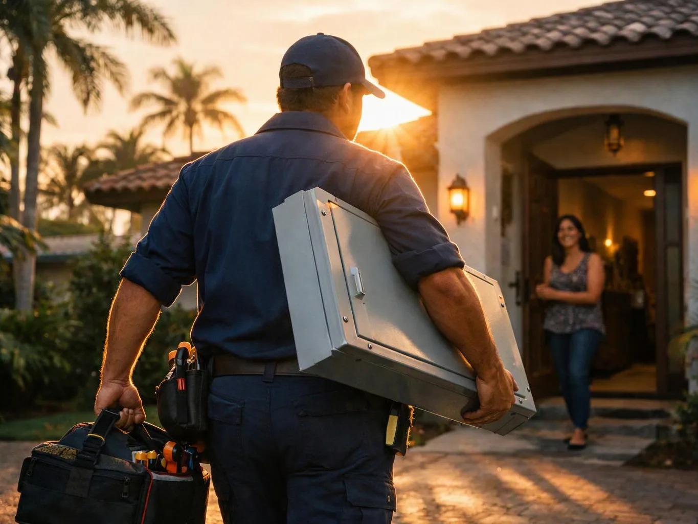 A worker carries a metal appliance and tool bag toward a house as a woman waits in the doorway