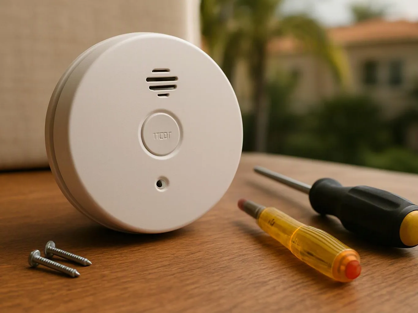 A round white device sits on a wooden table beside screws and two screwdrivers outdoors