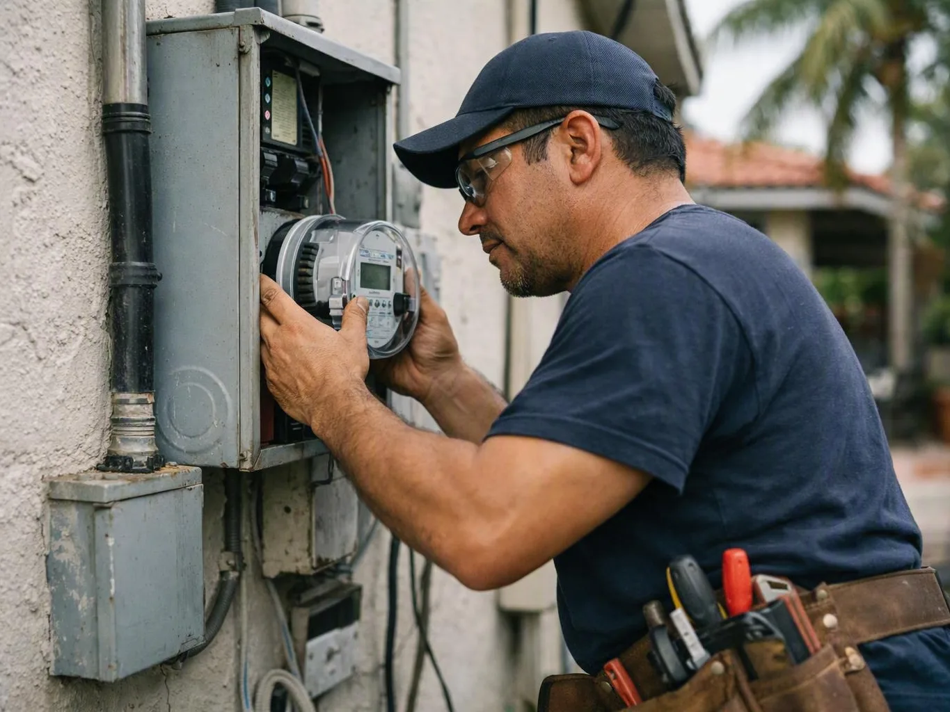 Electrician checking a generator transfer switch outdoors — Can a Generator Transfer Switch Protect a Home During Storms?