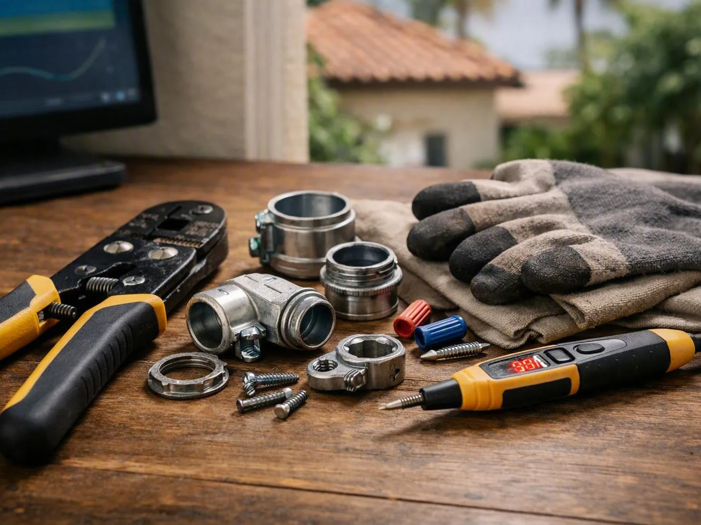 Electrical tools, connectors, gloves, and screws arranged on a wooden table