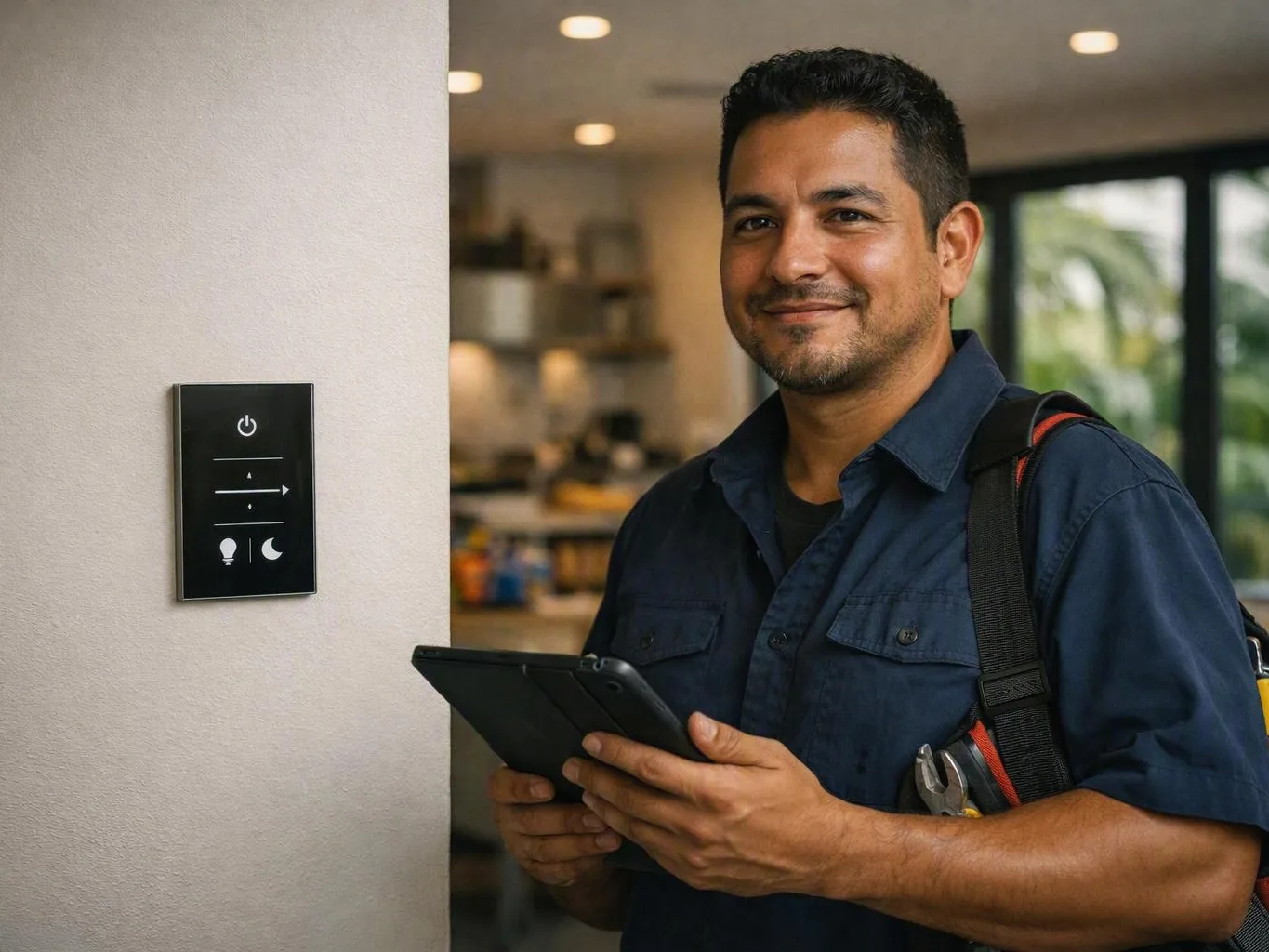 Smiling technician holds a tablet beside a wall control panel indoors