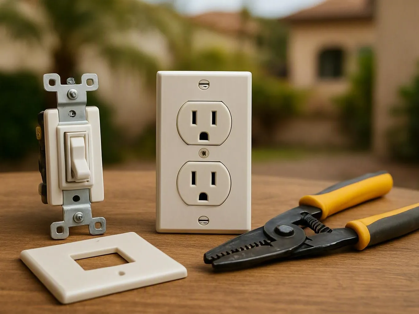 Electrical outlet, wall switch, cover plate, and pliers arranged on a wooden