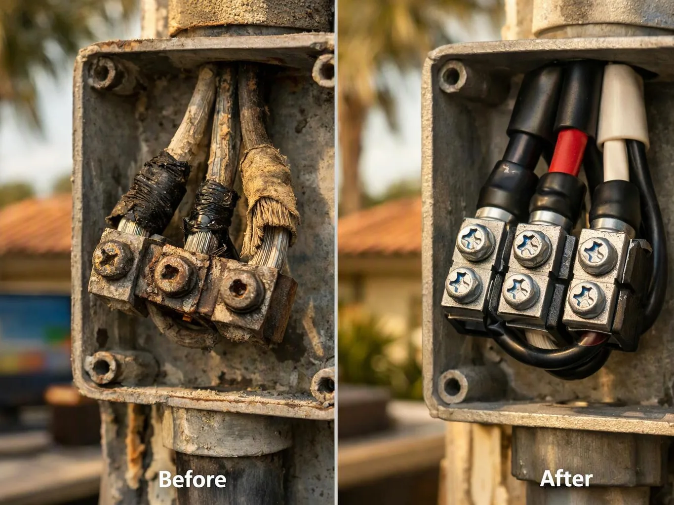 Side by side, a corroded wire terminal box appears before and after replacement outdoors