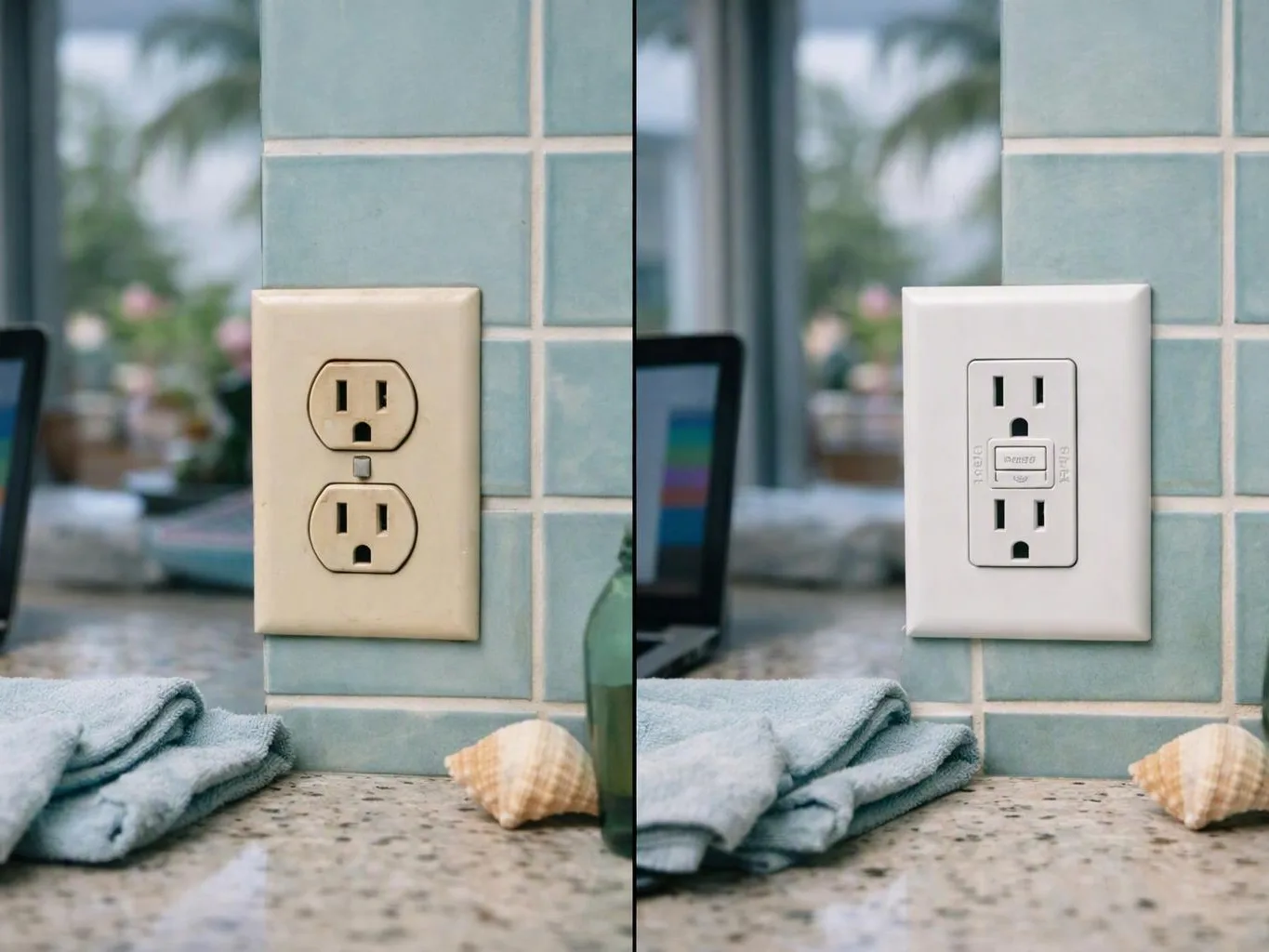 Side-by-side kitchen outlets show a beige cover replaced with a white GFCI outlet on a tiled wall