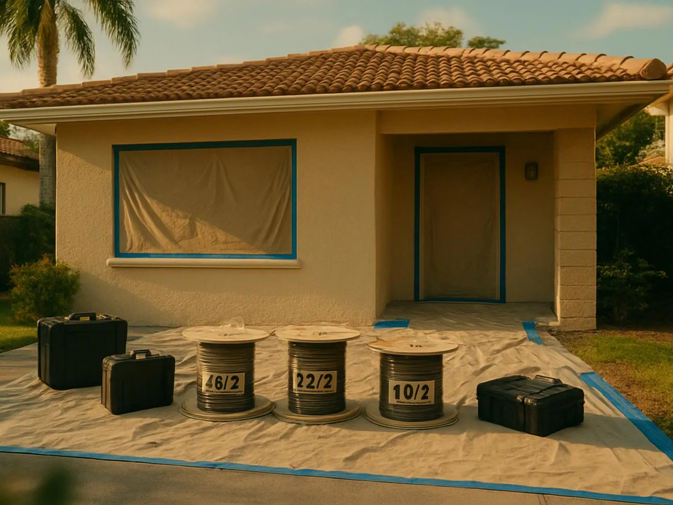 A small stucco house sits under a tiled roof, with covered windows, tarps, cable spools, and tool cases outside