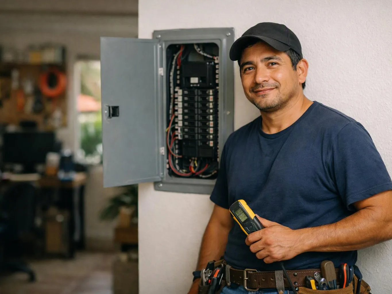 A smiling electrician stands beside an open breaker panel, holding a meter in a home hallway