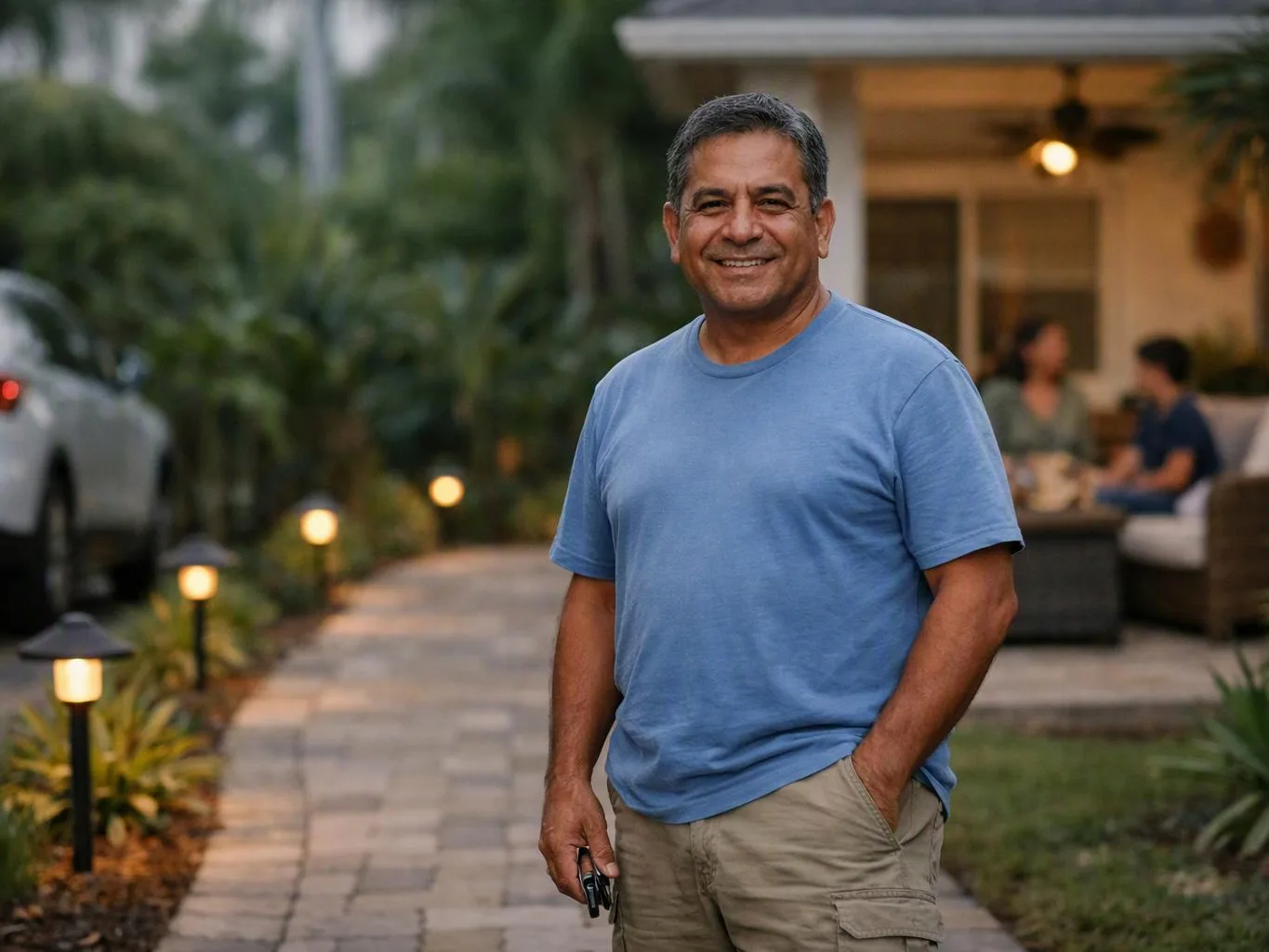 A smiling man in a blue shirt stands on a lit garden path beside a house with people in the background