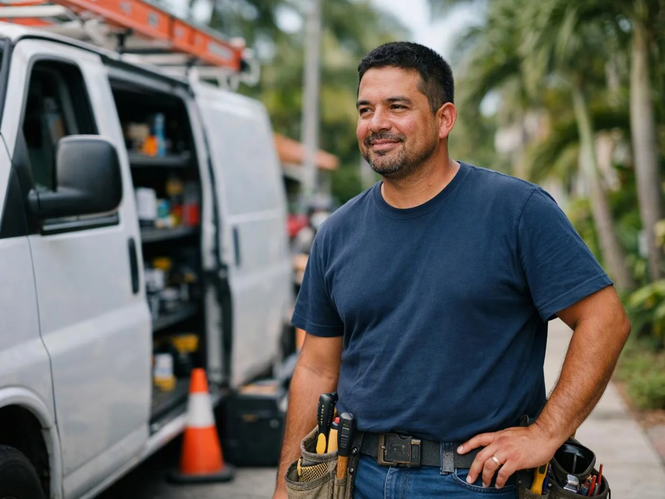 A smiling man stands beside an open white work van with tools and a ladder visible inside