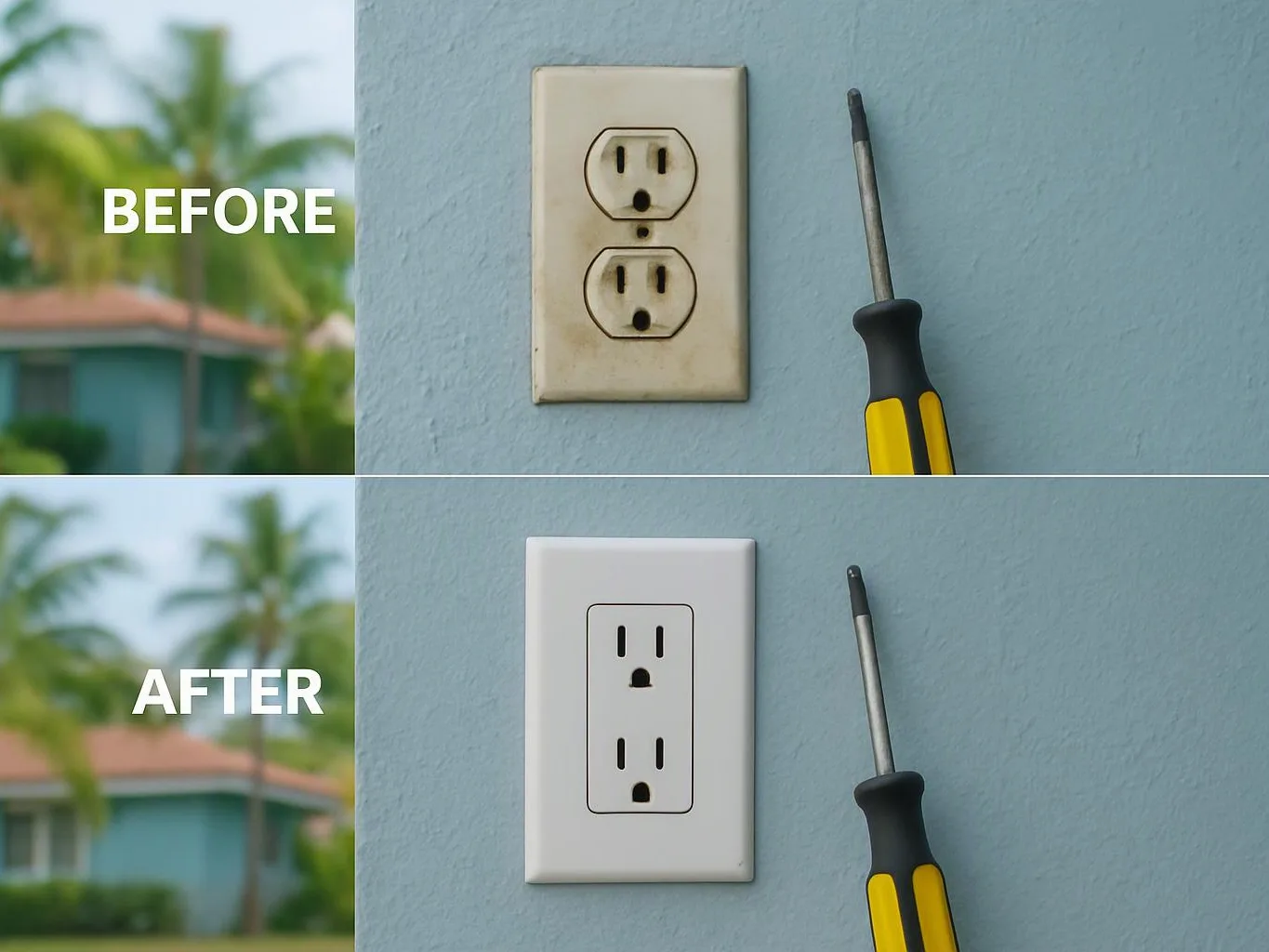 Split before-and-after image shows an old outlet replaced with a new white outlet beside a screwdriver on a blue wall