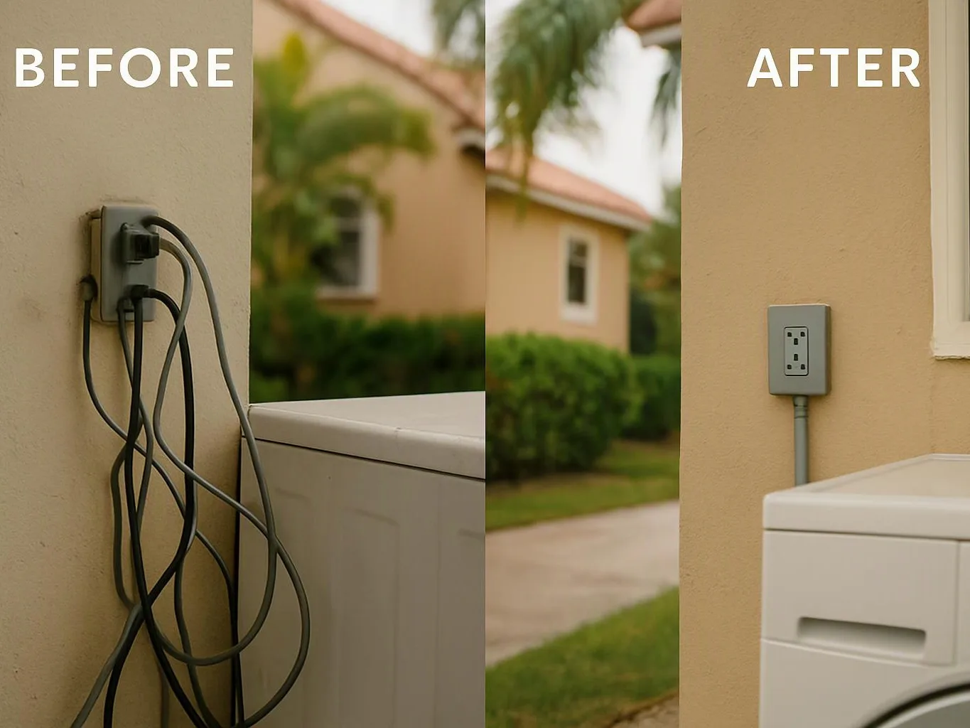 A split before-and-after image shows tangled cords by an outdoor wall outlet, then a neat outlet beside a washer or dryer