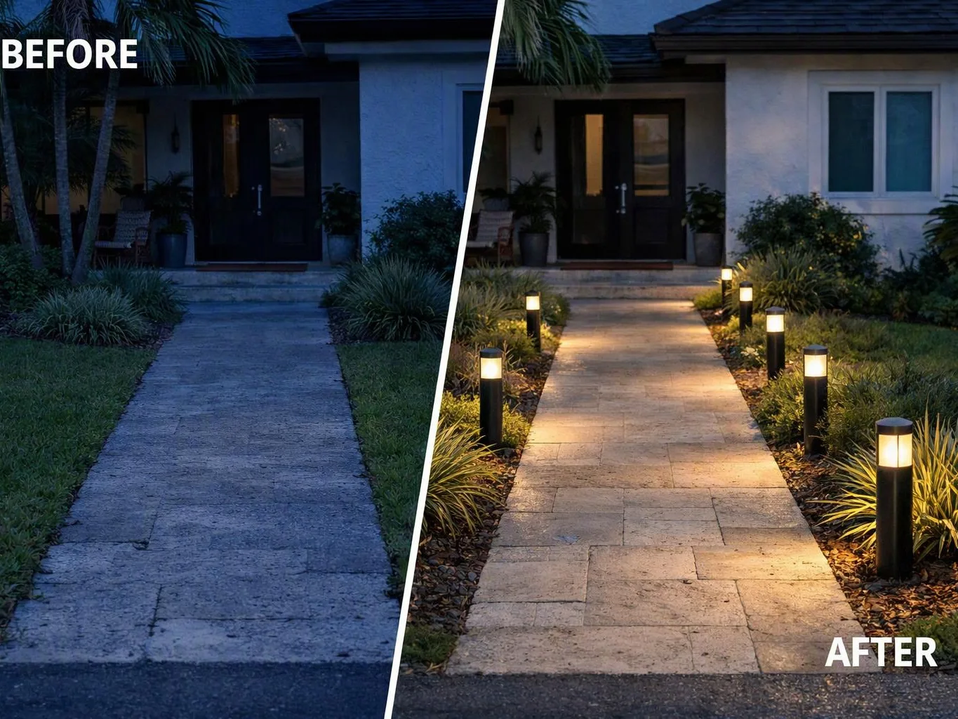 Split before-and-after view of a house walkway, dark on the left and lined with glowing path lights on the right