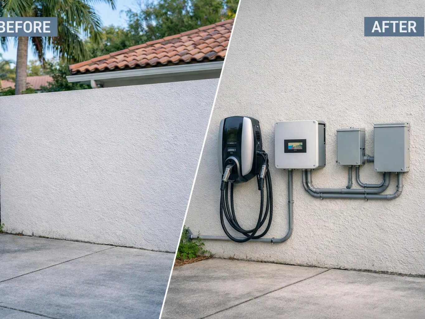 Split before-and-after view of a stucco wall, with an EV charger and electrical boxes installed on the right