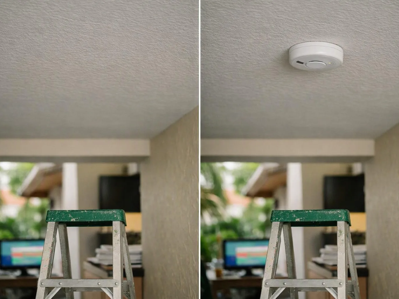 A split image shows a step ladder under the ceiling, with a smoke detector installed on the right side