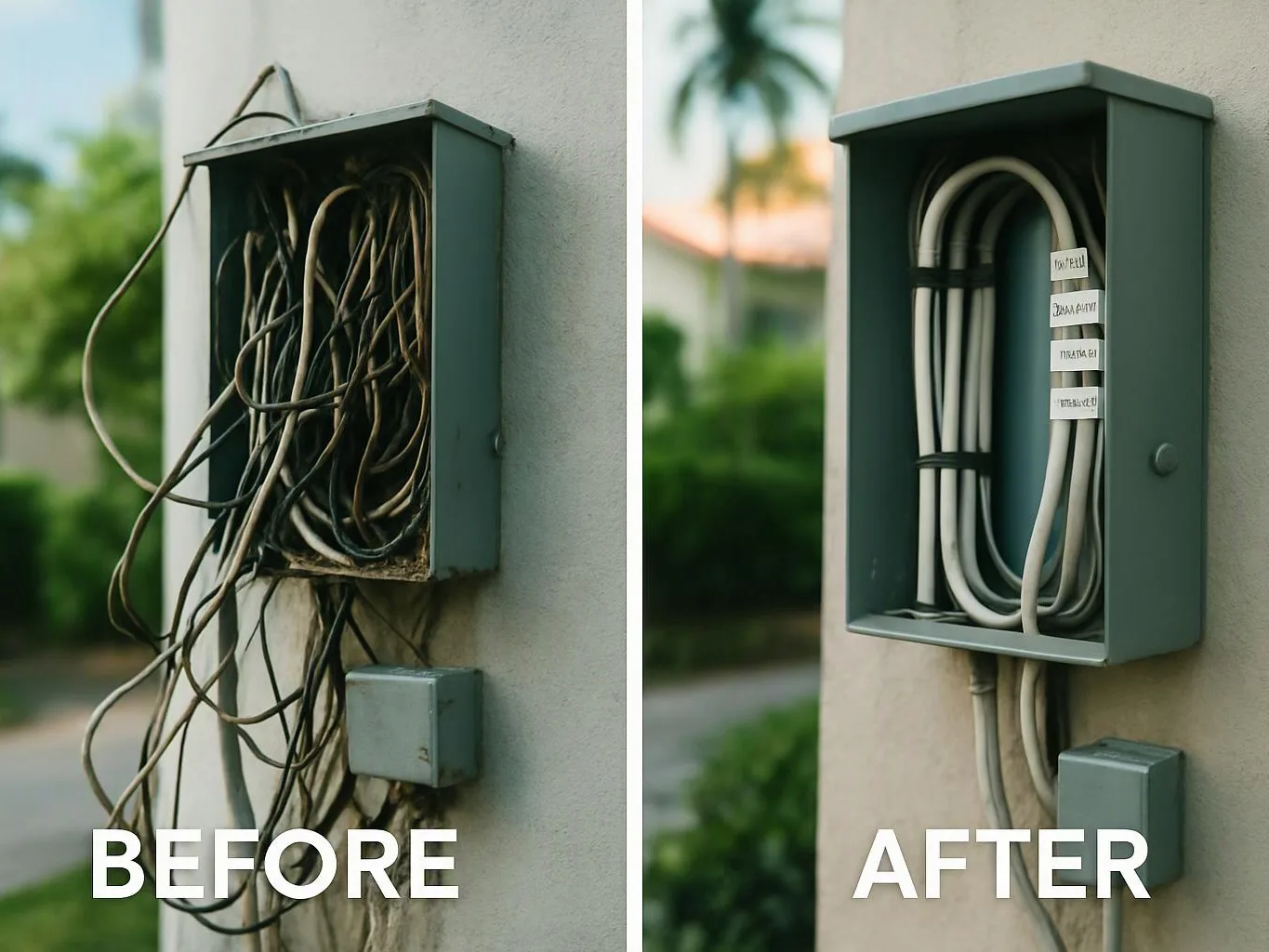 Split image shows a tangled electrical box before, and neatly organized cables after on an outdoor wall