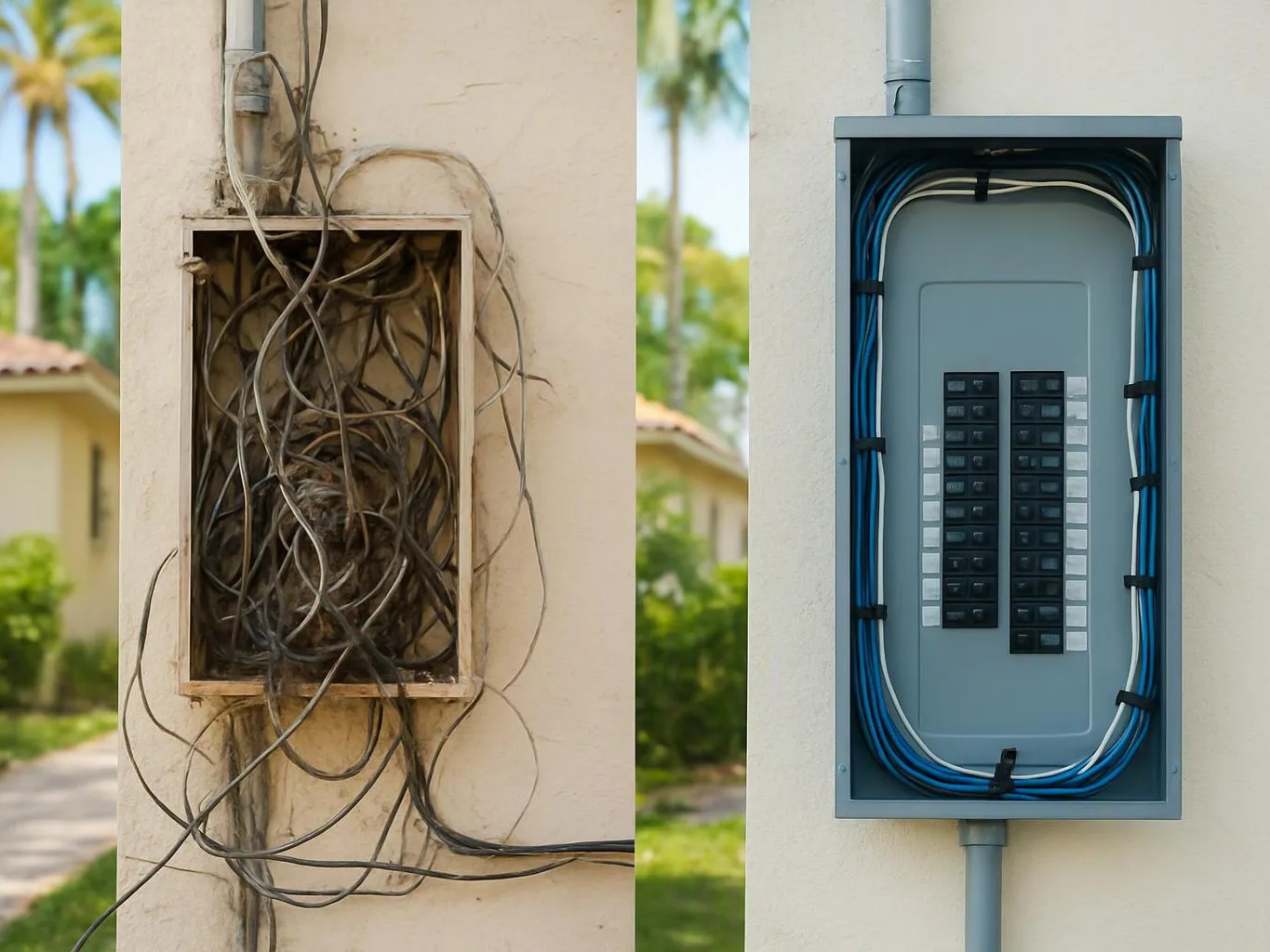 Split image shows a tangled old electrical panel beside a neatly wired modern panel on an exterior wall