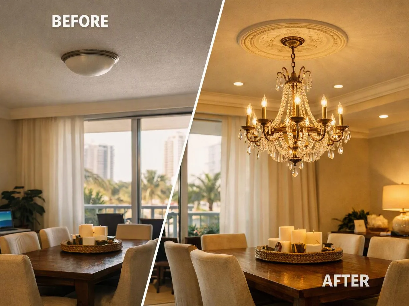 Split view of a dining room shows a plain ceiling light before and a crystal chandelier after