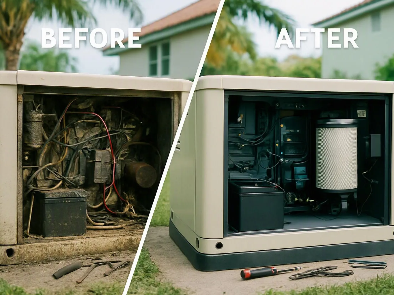 Split view of a generator compartment, cluttered wires on the left and a clean serviced unit on the right