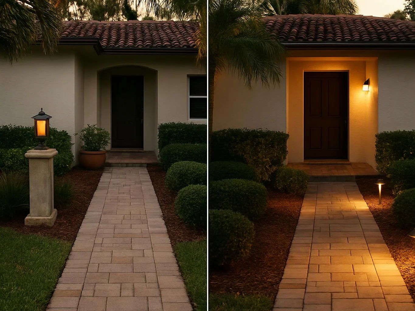 Split view of a house entry, with a lit walkway and porch on the right and the same scene dimmer on the left