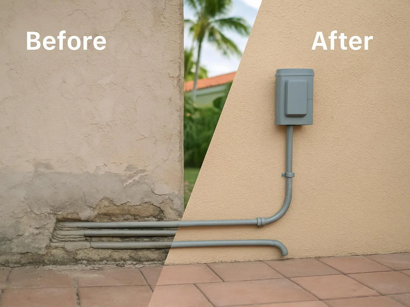 Split view shows a cracked wall with exposed pipes before, and a repaired wall with conduit after