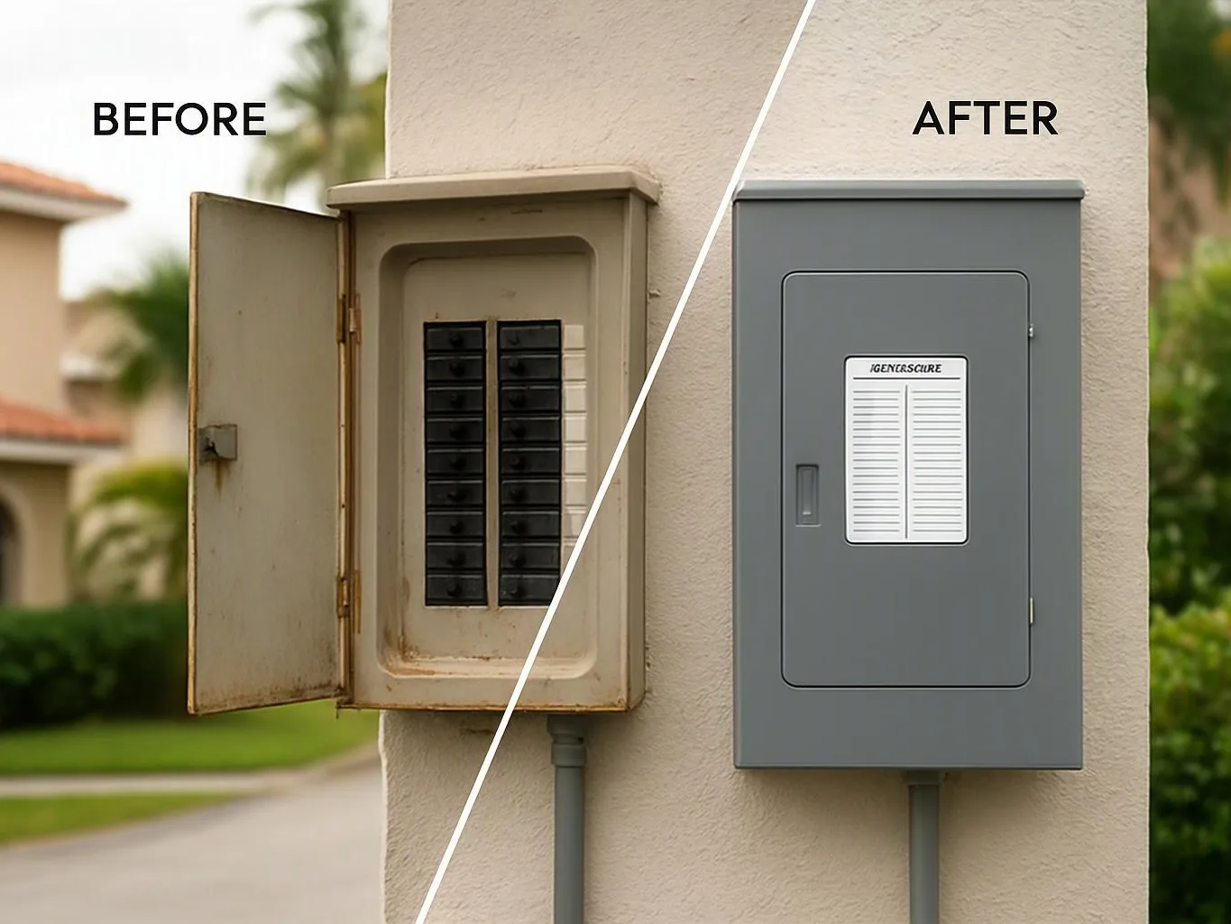 Split view shows an old open electrical panel and a newer closed gray panel on a wall