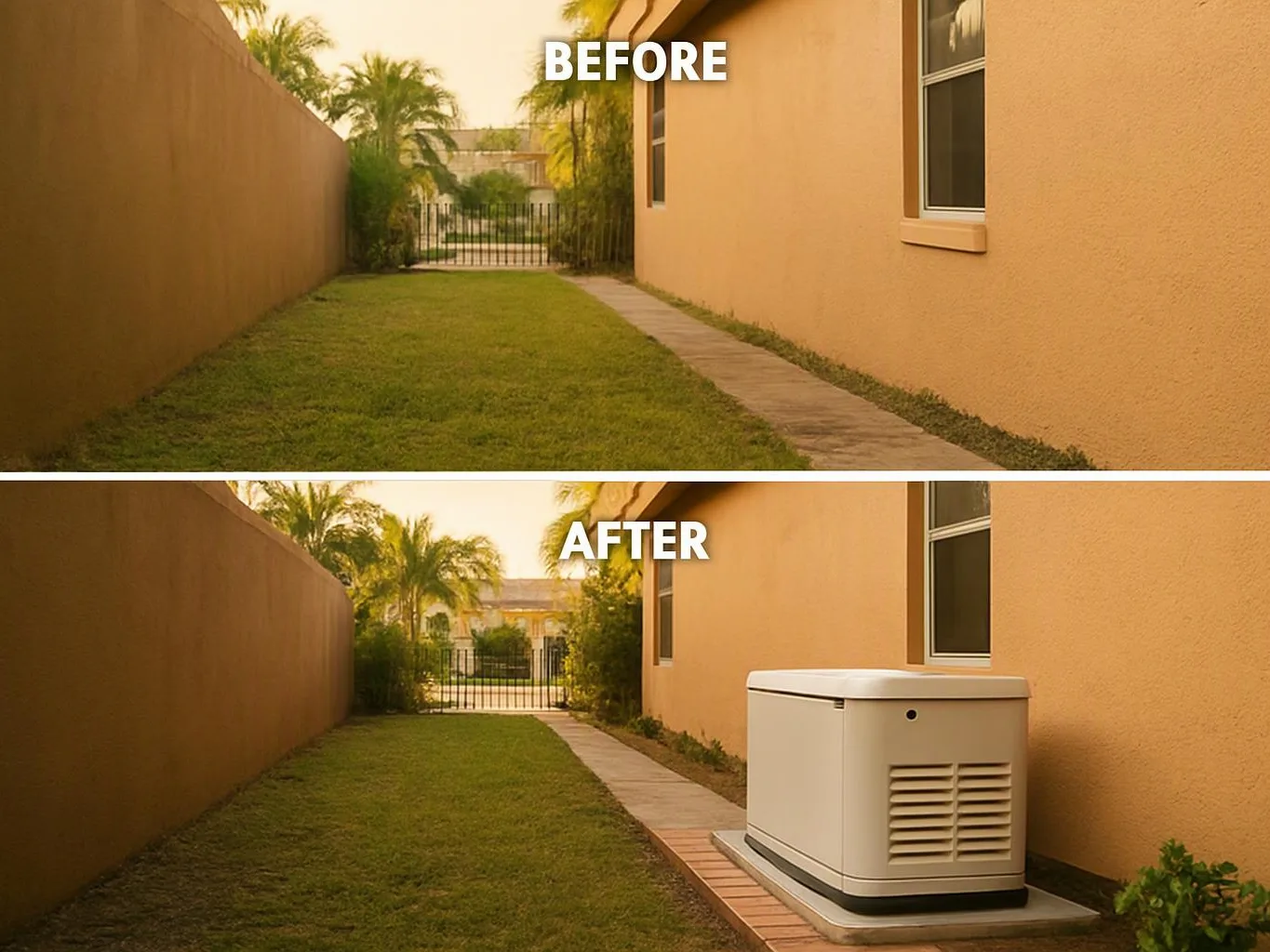 Split view shows a side yard before and after, with a generator added beside the house in the lower image