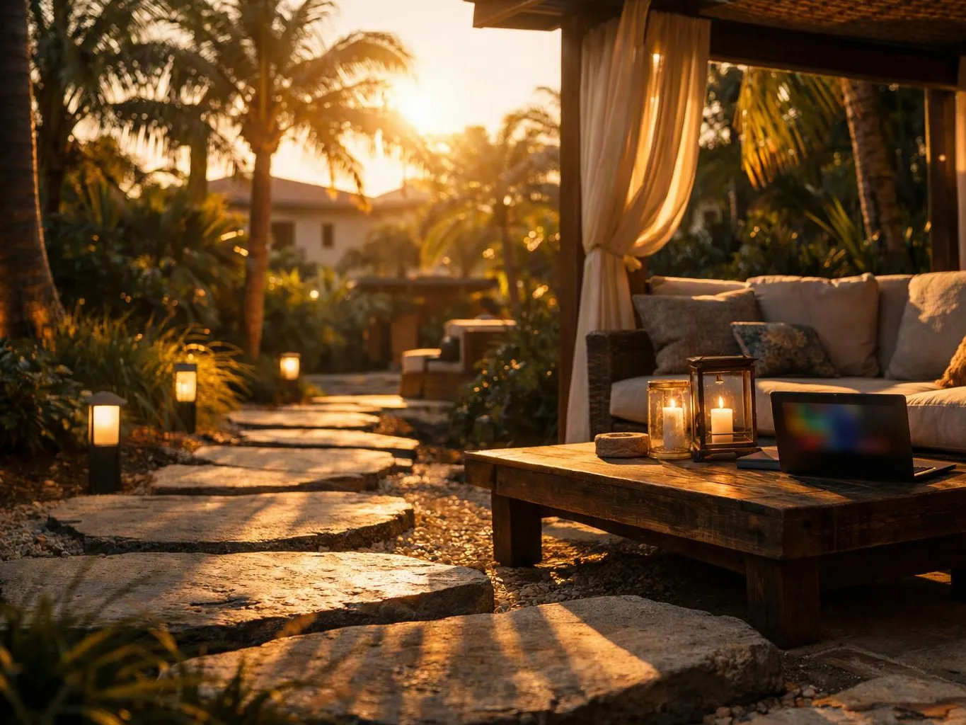 A sunlit patio with palm trees, a stone path, and a sofa beside a candlelit wooden table and laptop