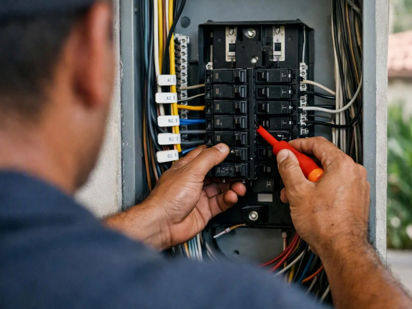 A technician adjusts circuit breakers in an open electrical panel with a red screwdriver