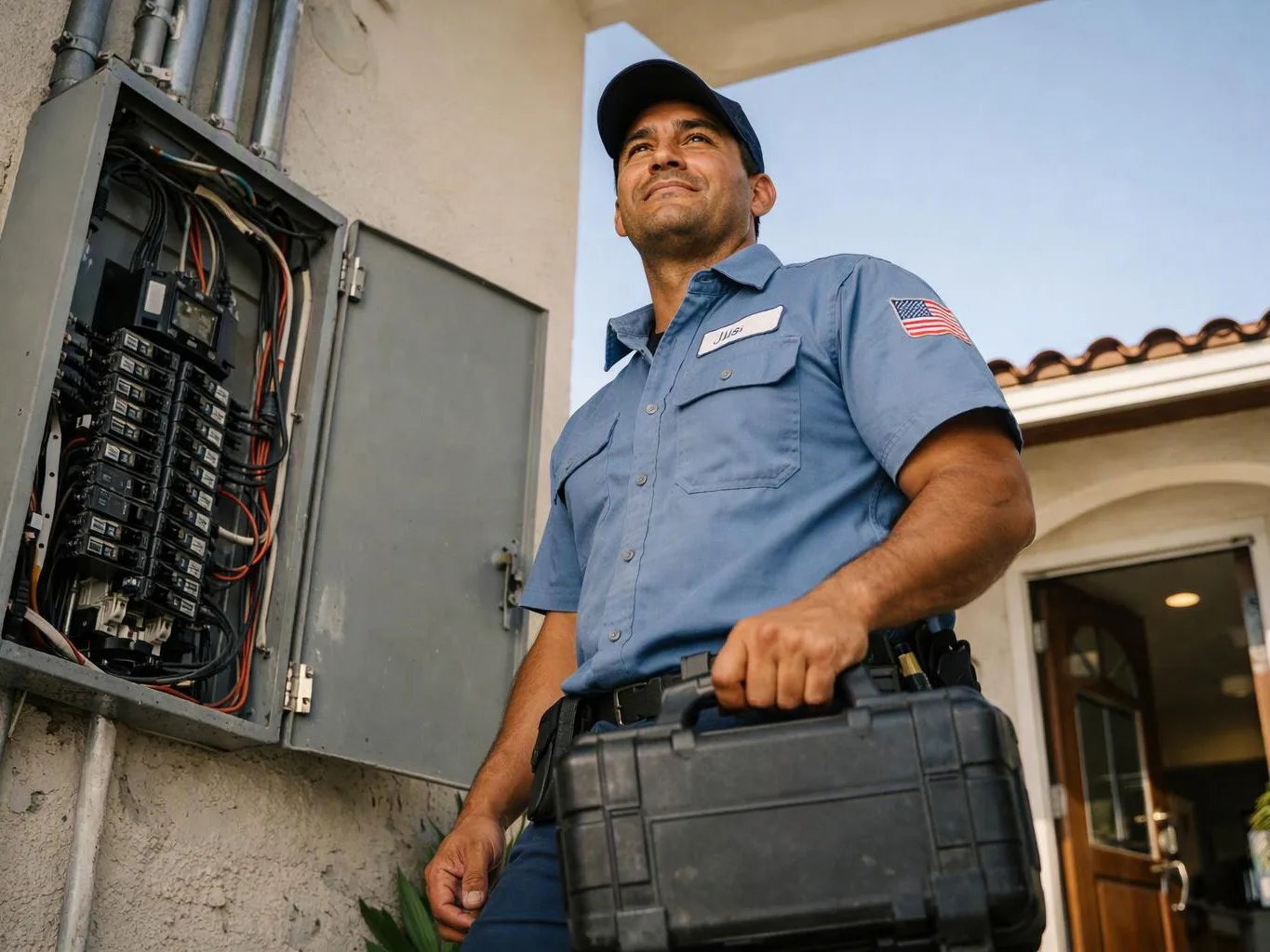 A technician in a blue uniform stands beside an open electrical panel holding a black tool case outdoors