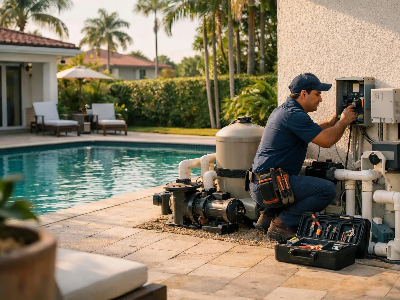 A technician kneels beside a pool pump system, working on control panels next to a backyard swimming pool