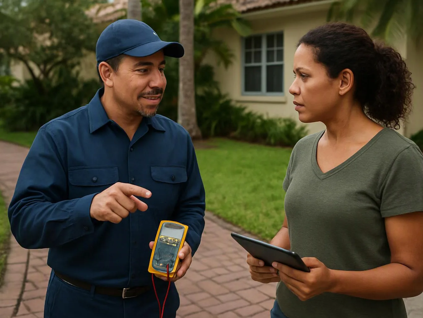A technician points at a handheld meter while talking with a woman holding a tablet outside a house