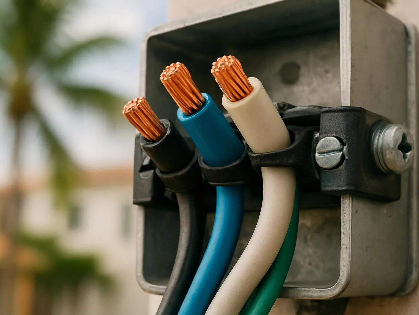 Three exposed electrical wires are clamped into a gray metal box outdoors
