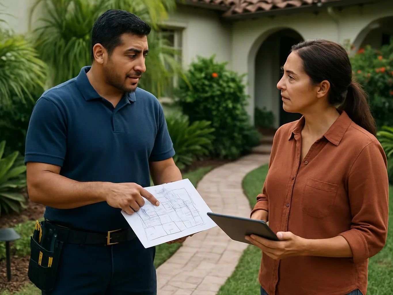 Two adults stand on a garden path, one pointing at a paper plan while the other holds a tablet
