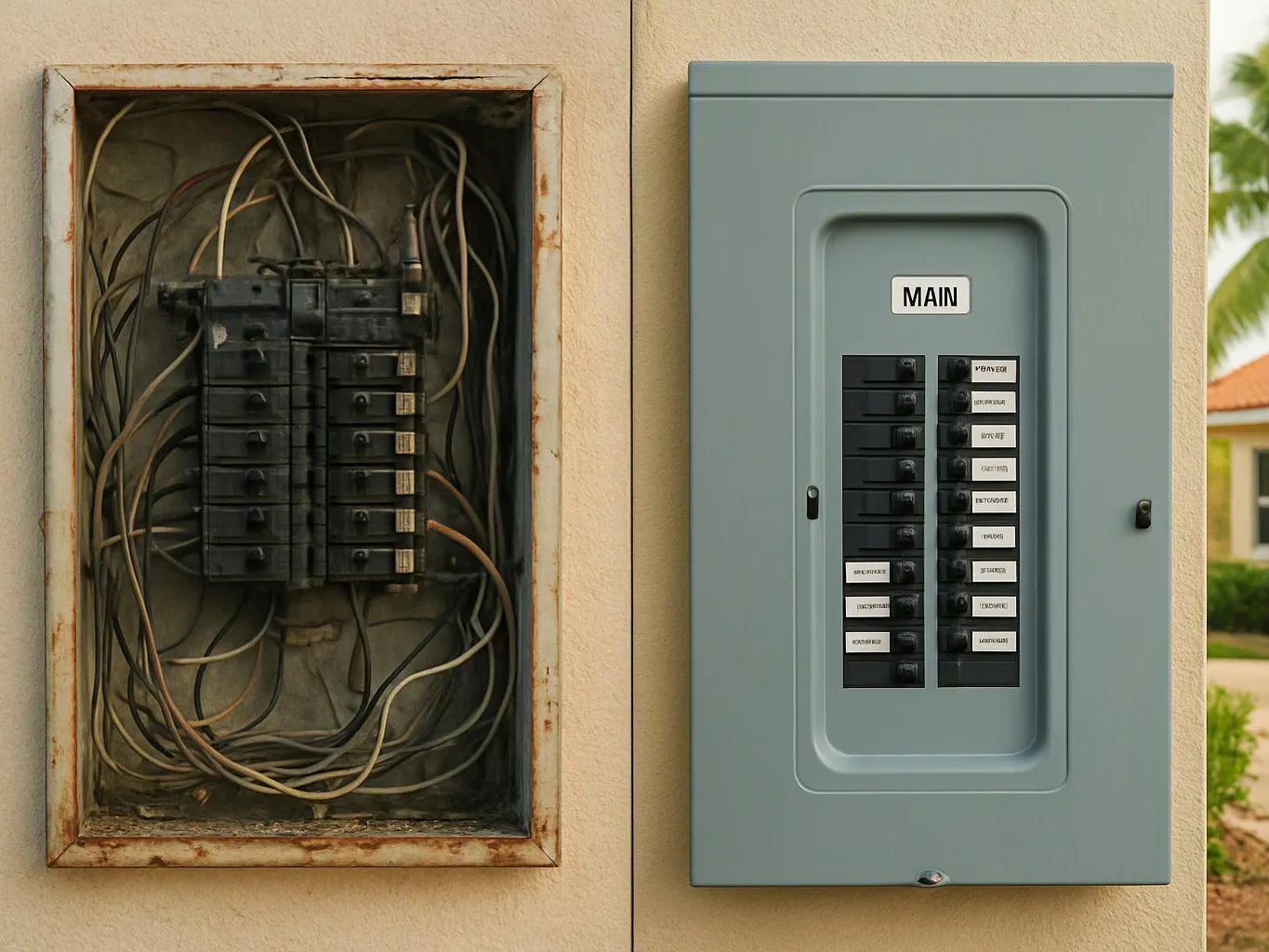Two electrical breaker panels are mounted on a wall, one open with tangled wires and rust, one closed and labeled MAIN