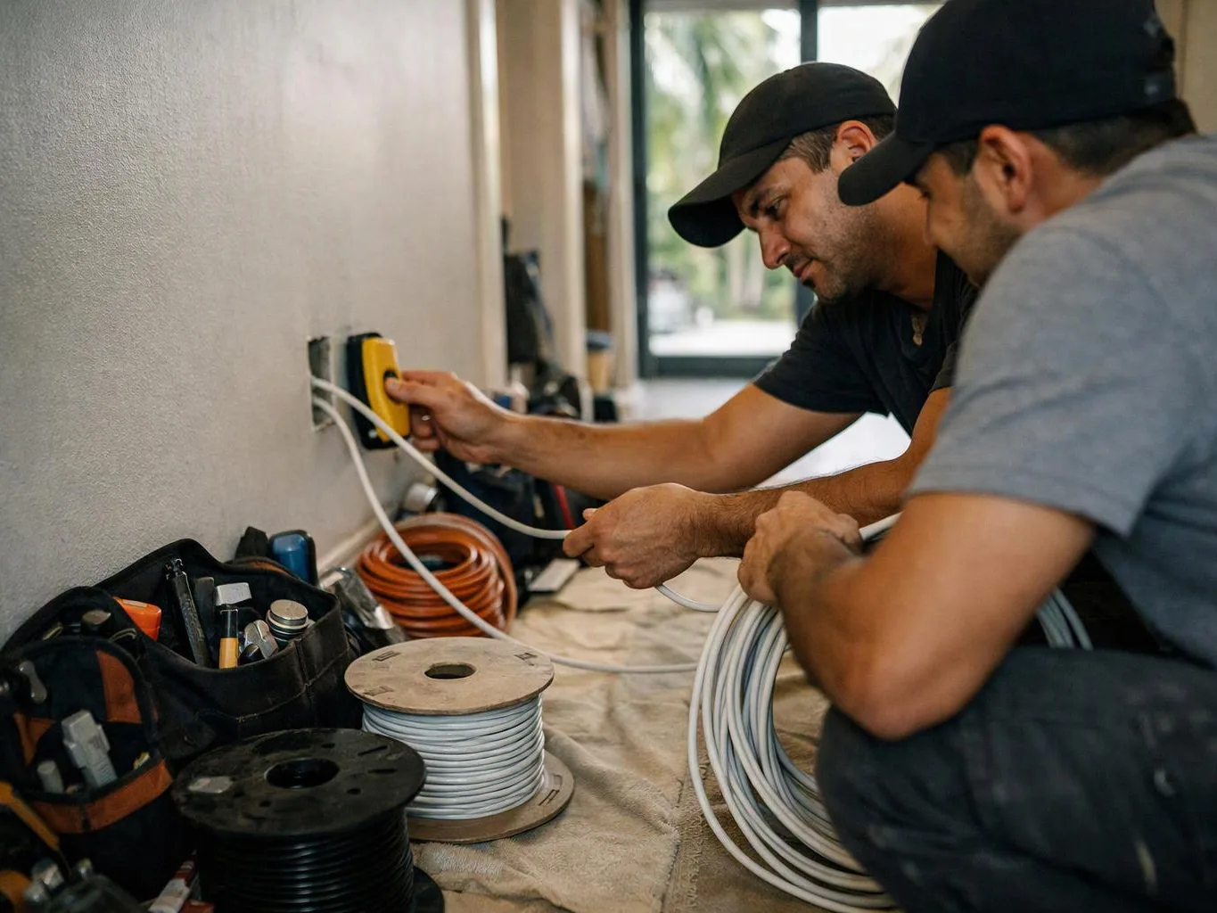 Two electricians crouch by a wall outlet, feeding cables beside tools and wire spools indoors