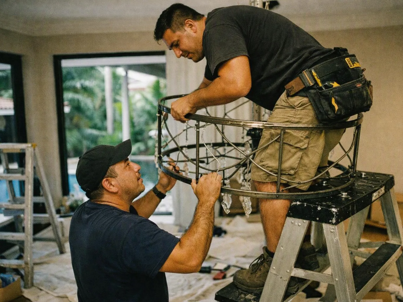 Two men assemble a metal ring light fixture inside a room with ladders and covered floors