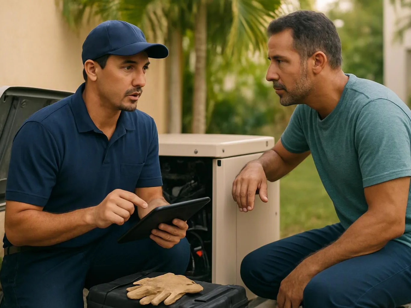 Two men crouch beside an open outdoor equipment box, one pointing at a tablet while the other watches