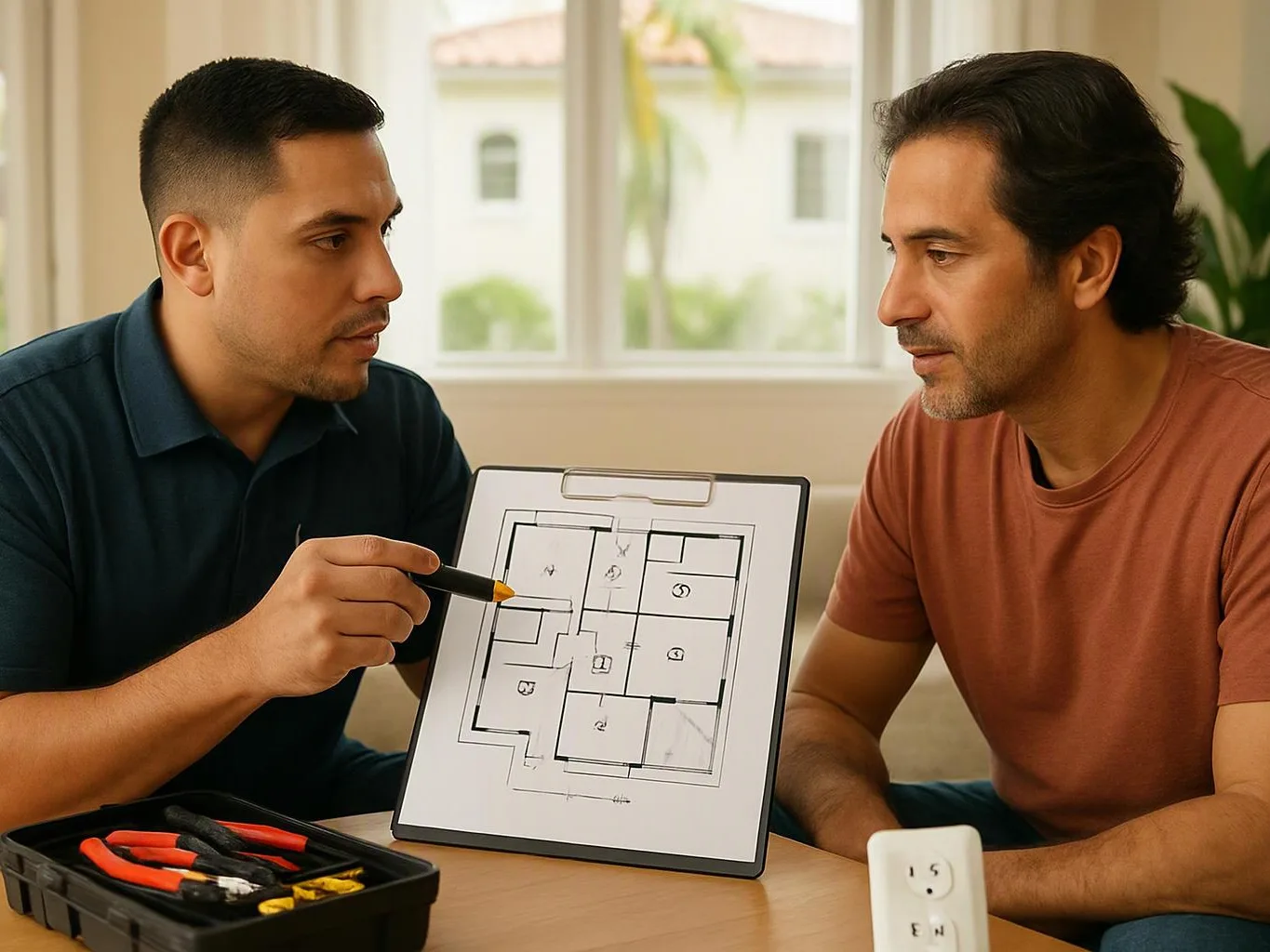 Two men discuss a floor plan at a table, with tools and a small device in front of them