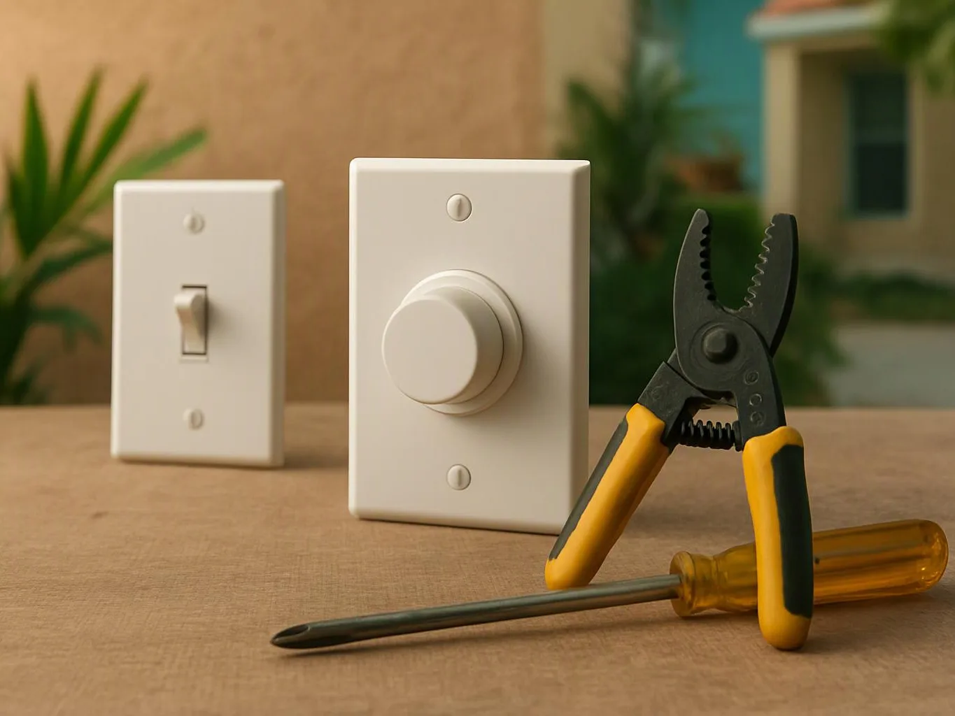Two white wall switches sit on a tabletop beside pliers and a screwdriver, with a blurred house in the background