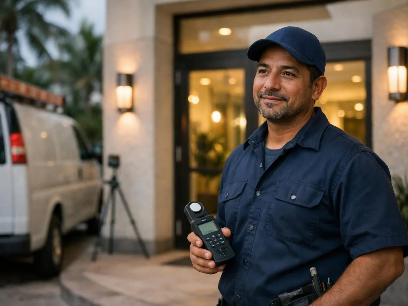 A uniformed man holds a handheld meter outside a building entrance beside a parked van