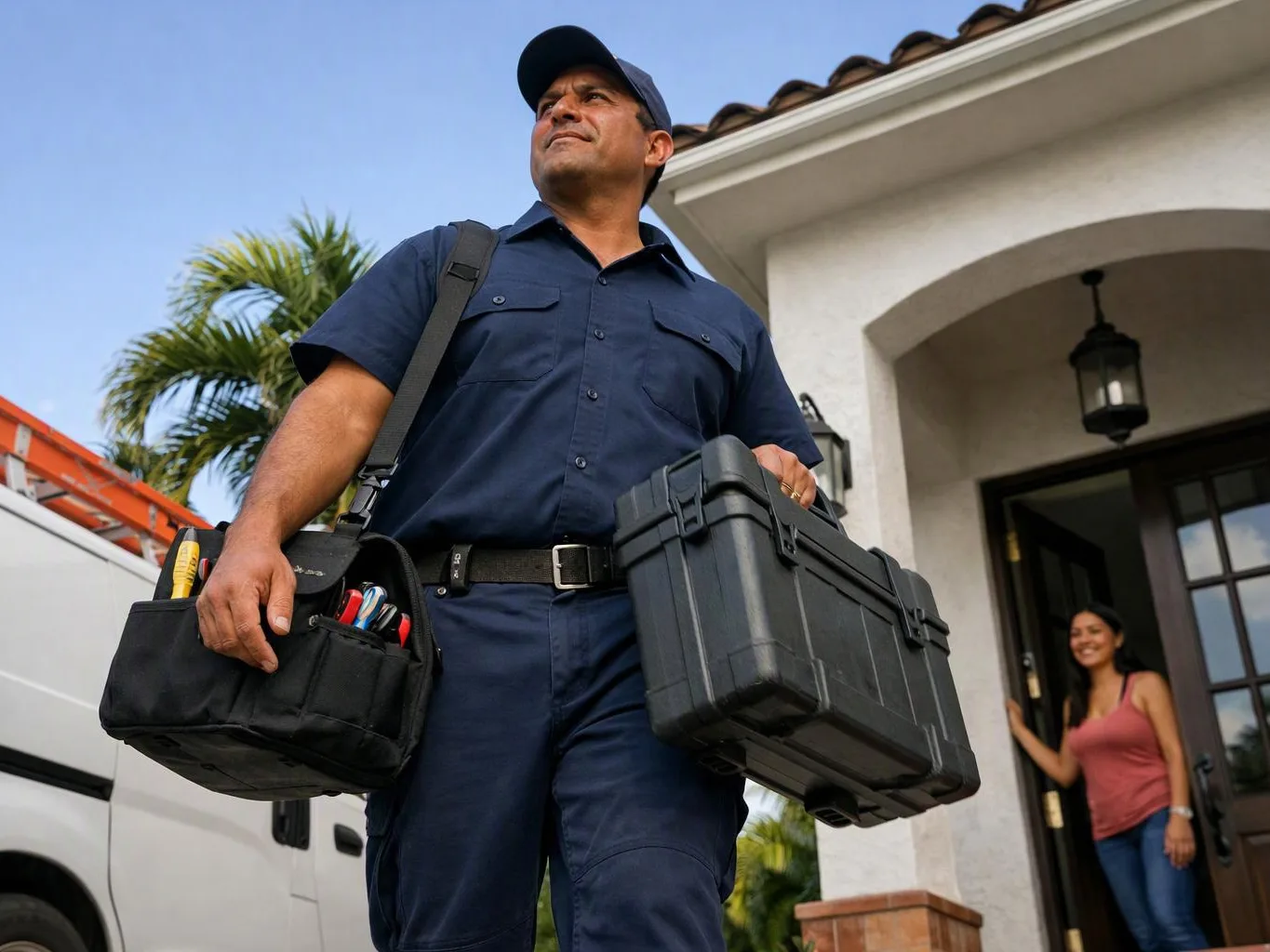 A uniformed technician carries tool bags outside a house while a woman stands in the doorway