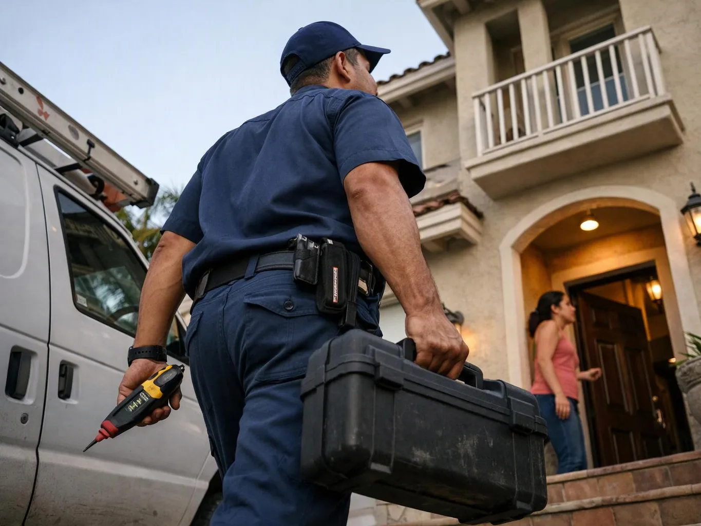 A utility worker in blue carries a toolbox and drill toward a house while a woman stands at the doorway