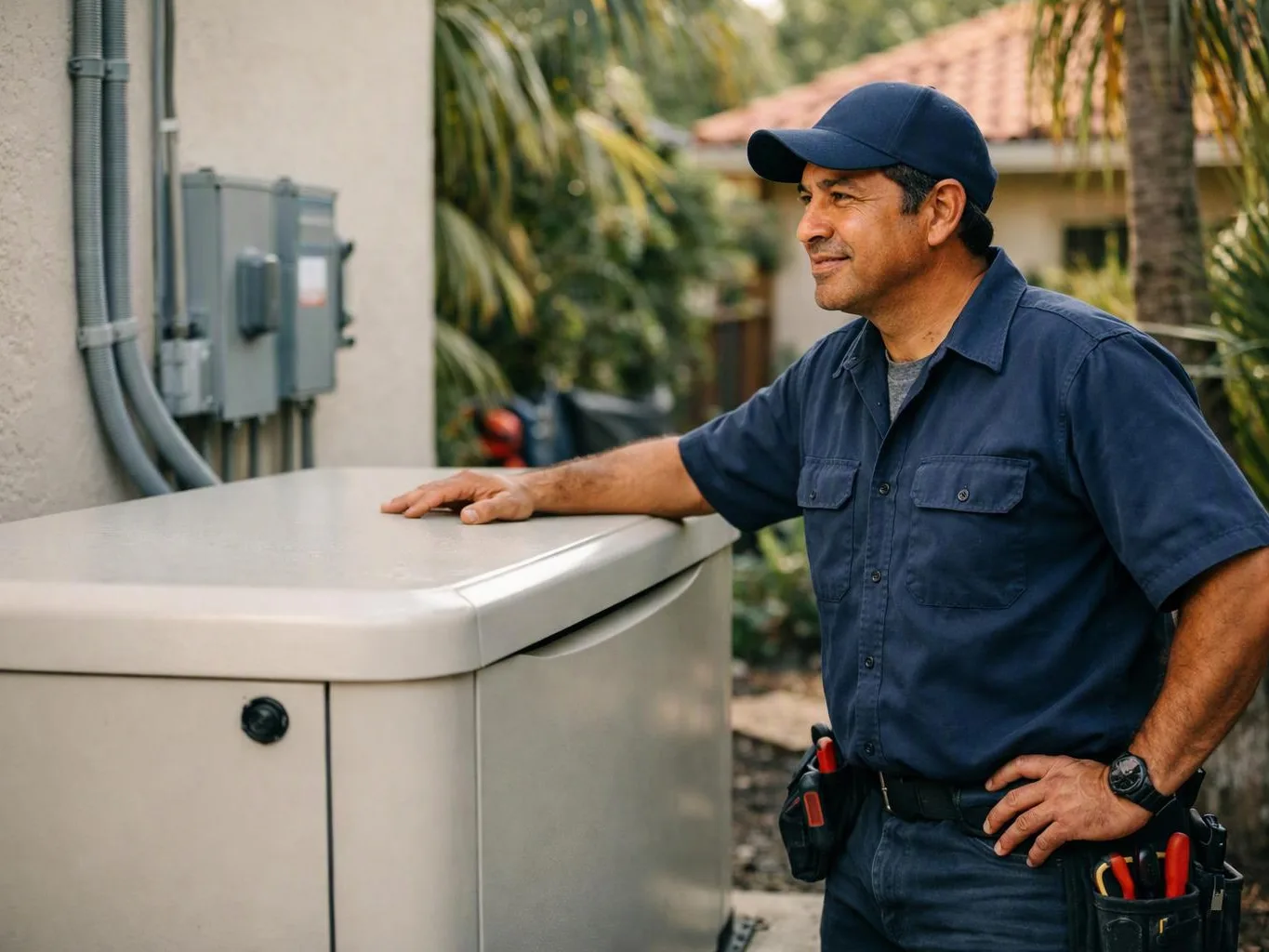 A utility worker in a navy uniform stands beside an outdoor electrical box, resting one hand on it in a sunny yard