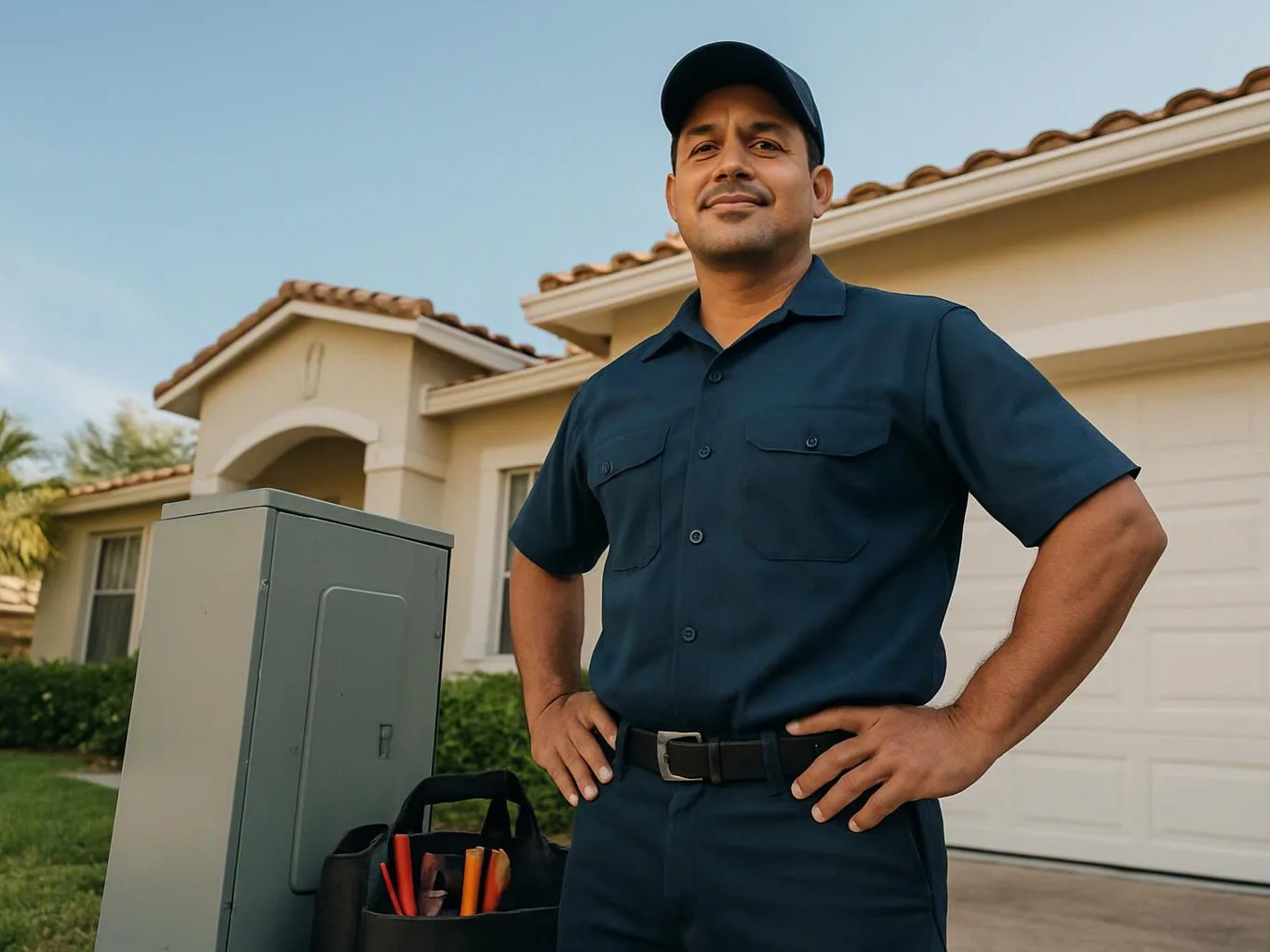A utility worker stands in front of a suburban house beside an open tool bag and gray meter box