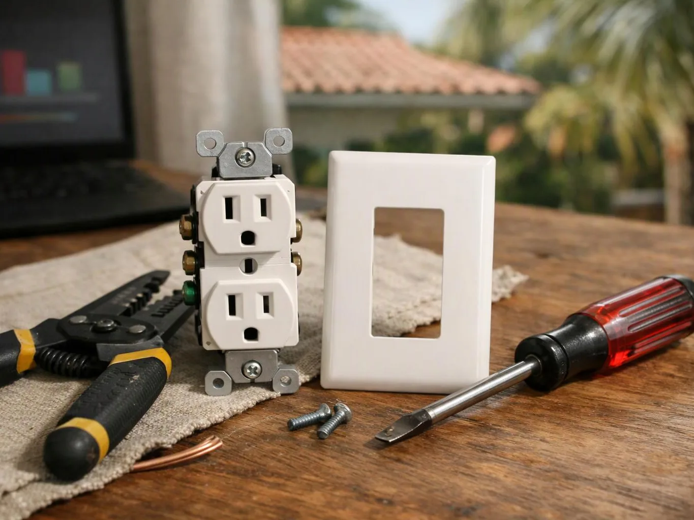 A wall outlet, faceplate, screwdriver, wire stripper, and screws sit on a wooden table with a blurred outdoor background
