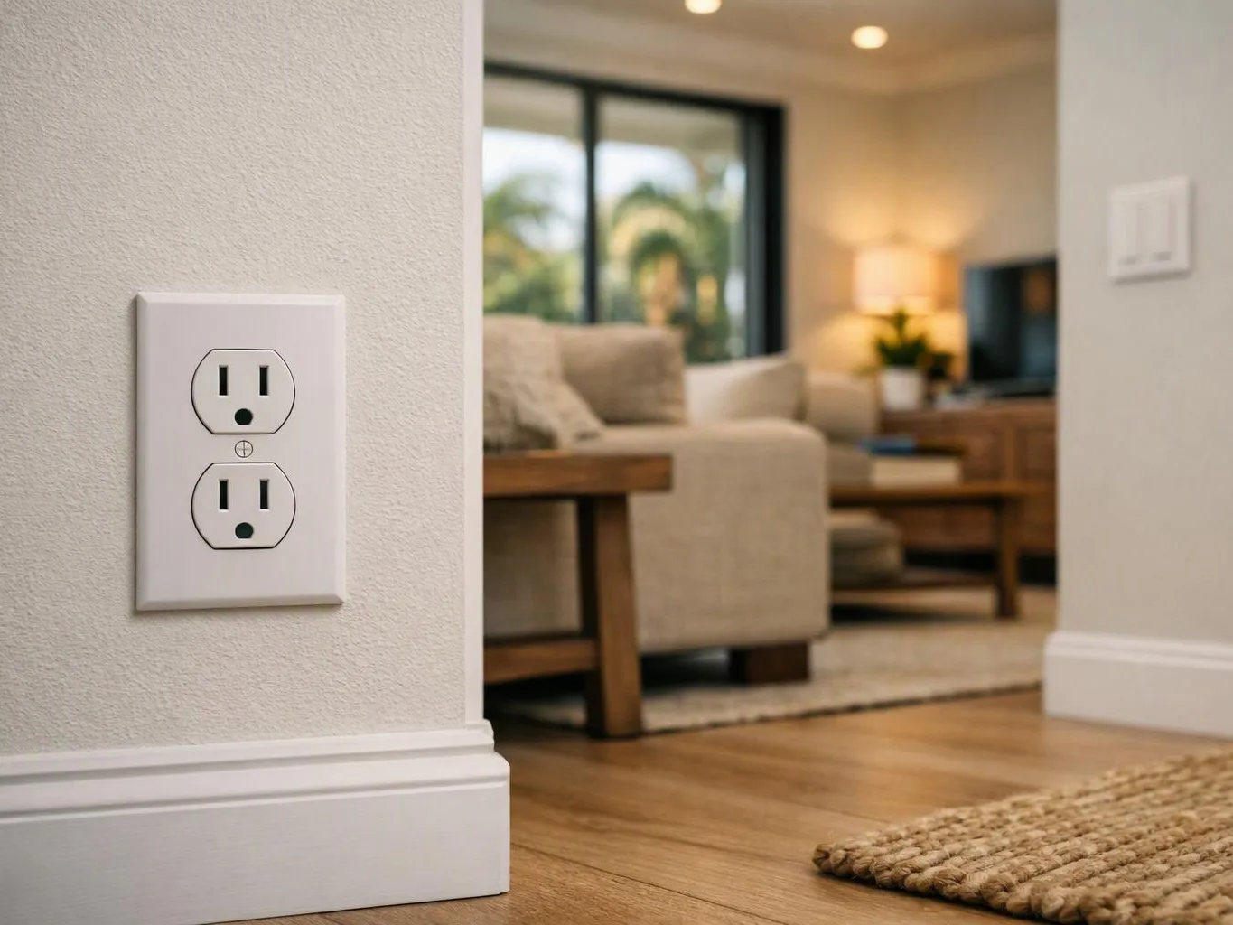 A wall outlet sits on a textured wall beside a softly lit living room with sofa and lamp