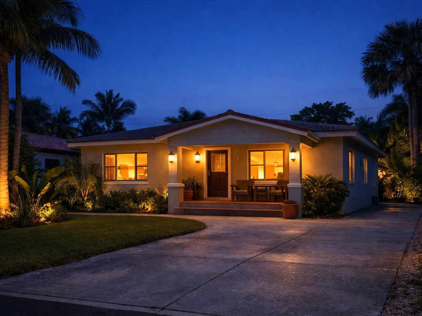 A warmly lit single-story house sits at dusk, with palm trees, a driveway, and a front porch furniture set