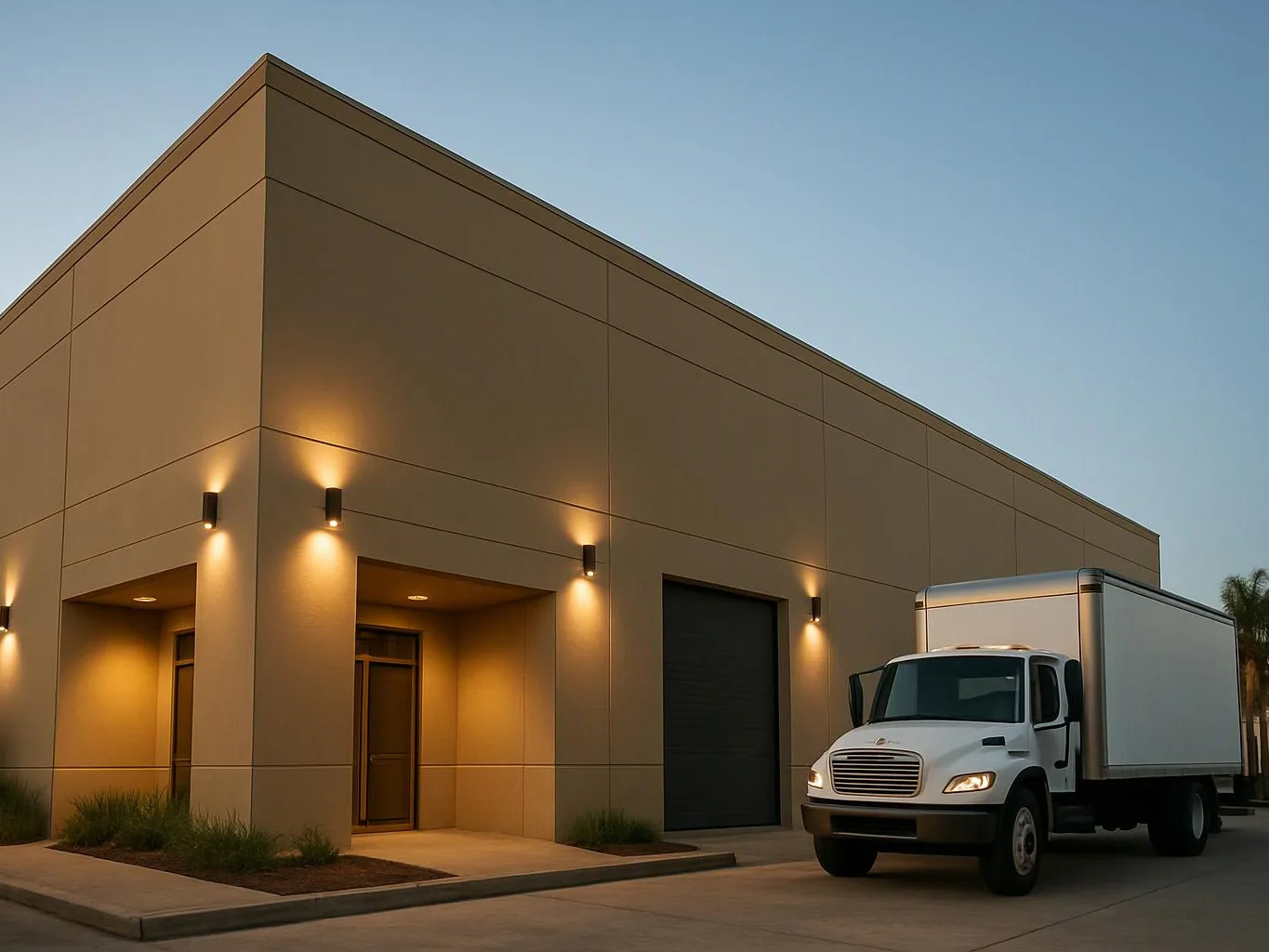 A white box truck is parked beside a lit tan warehouse at dusk