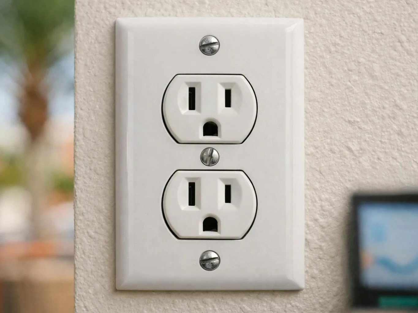 A white double electrical outlet is mounted on a textured wall with a blurred room edge beside it