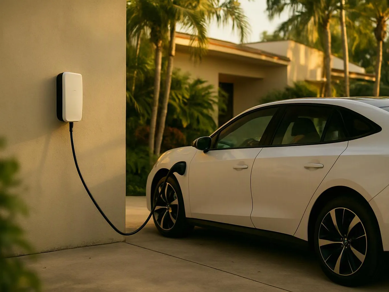 A white electric sedan is charging beside a wall-mounted charger in a sunny driveway with palm trees